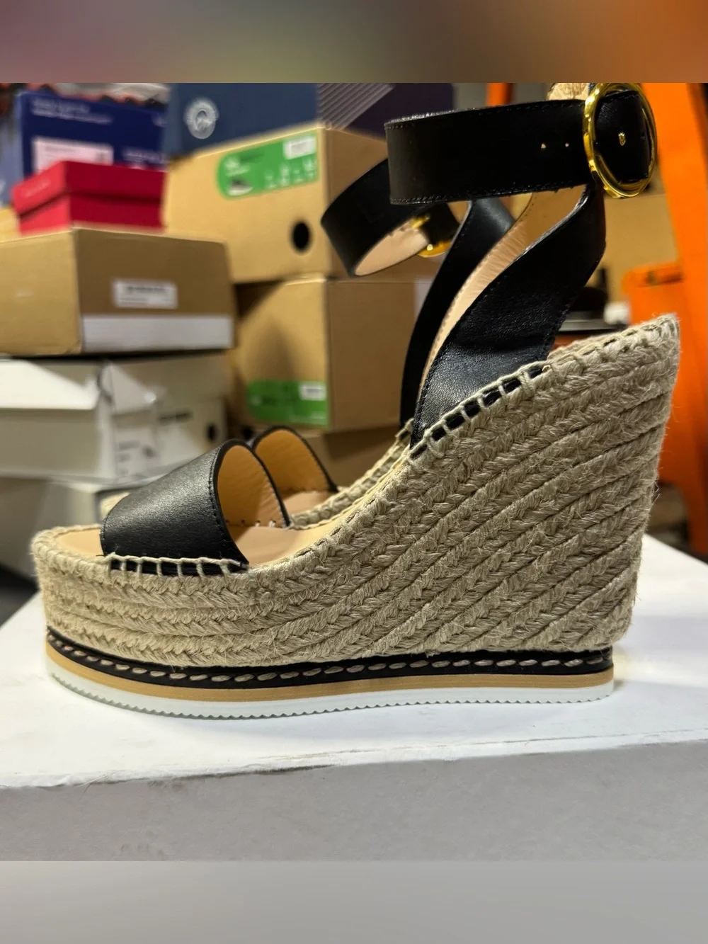 Odissi LILY BLACK LEATHER HIGH WEDGE ESPADRILLE Size 6 Black 36IT